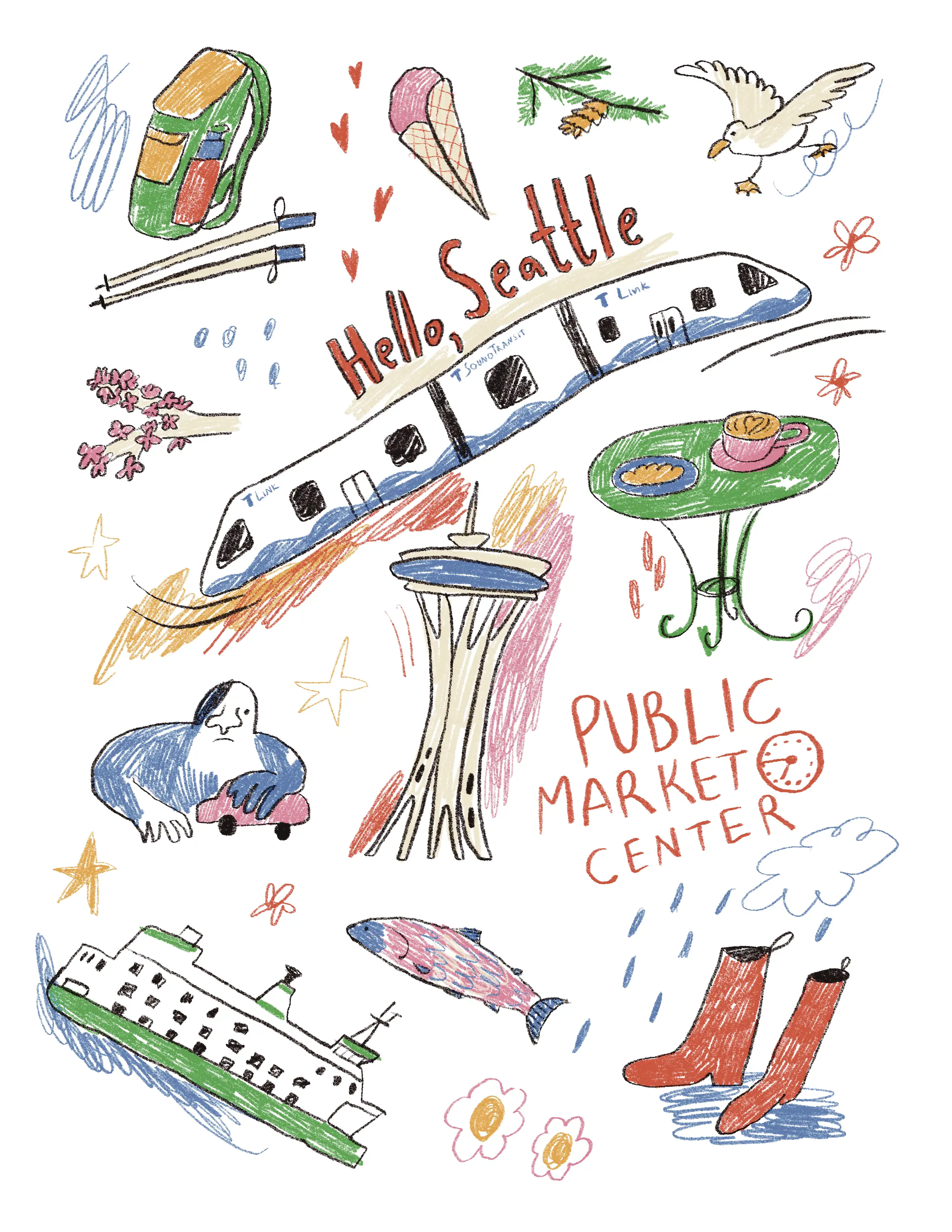 Hello Seattle Illustrated Poster