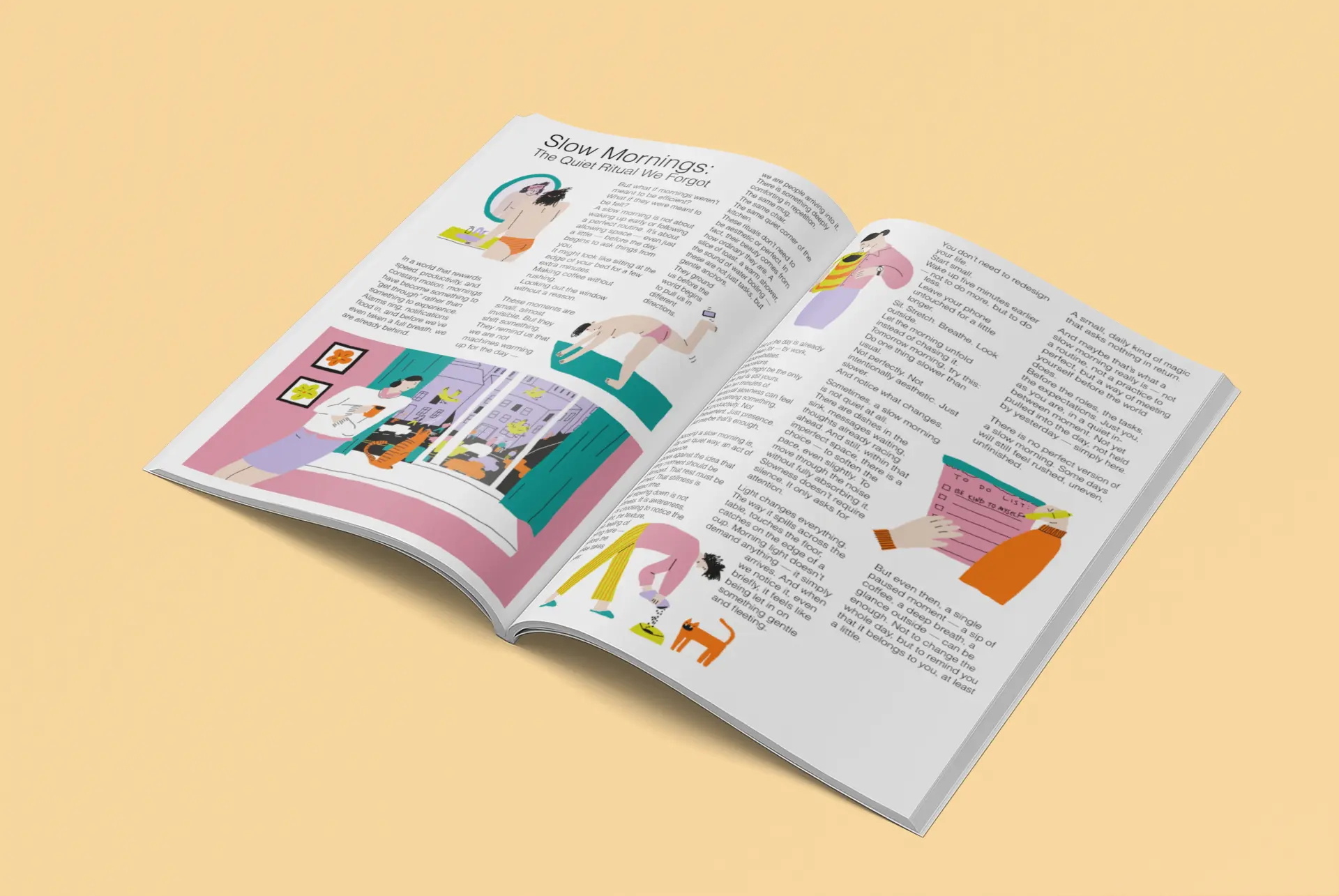 Magazine mockup showing the Slow Mornings article